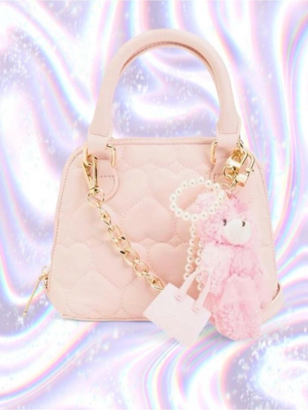 Betsey Johnson Pink Quilted Mini Top-Handle Bag with Gold Chain and Charm